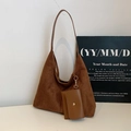 Sac fourre-tout en daim marron avec petite pochette en cuir et bandoulière rétro - Marron