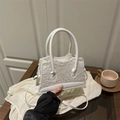 Elegant white faux lamb wool handbag with leather trim and round handles for women - White