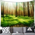 Scenic green forest landscape wall tapestry hanging over a modern grey sofa in a bright room - 10