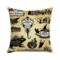 Detail of Halloween throw pillow cover featuring vintage skull and pumpkin motifs on beige fabric - Standard Size