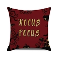 Detail showing Hocus Pocus lettering and spooky castle print on burgundy pillow case - Standard Size