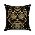 Close-up of Halloween sugar skull pillowcase with shiny gold foil stars on black fabric - Standard Size