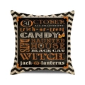 Macro shot of Halloween cushion cover with festive witch and jack-o-lantern typography - Standard Size