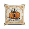 Detailed view of Happy Halloween cotton linen pillowcase with pumpkin and wizard hat print - Standard Size