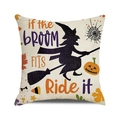 Halloween Trick or Treat Kissenbezug mit Hexe und Kürbis Print auf Leinenstoff - Hexe Reitet Besen Kürbis Stil (4)