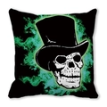 Housse de coussin Halloween crâne avec chapeau haut-de-forme et flammes vertes sur noir - Crâne avec Haut-de-Forme (18)