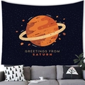 Detail of Saturn wall tapestry showing Greetings From Saturn print over a grey sofa - Greetings From Saturn (15)