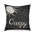 Black Halloween pillow cover featuring white spider web patterns and Creepy typography - Standard Size