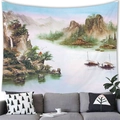 Detail of European landscape tapestry fabric showing natural drape and soft textures - 150x130cm / Chinese Landscape Waterfall (26)