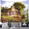 Detail of oil painting style tapestry featuring rustic cottages and garden landscape - 150x130cm / Riverside Thatched Cottage (25)