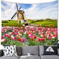 Detail of wall tapestry featuring Dutch windmills and colorful tulip field scenery - 150x130cm / Dutch Windmill Flower Field (15)