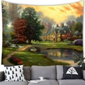 Village landscape oil painting tapestry hanging above a grey sofa for home decor - 150x130cm / Sunset Country Cottage (3)