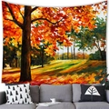 Autumn forest oil painting tapestry hanging on white wall above a grey sofa - 150x130cm / Late Autumn Forest (4)