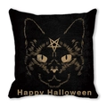 Coussin carré noir d'Halloween avec motif tête de chat dorée et texte Happy Halloween - Tête de Chat Dorée (23)