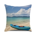 Detailed fabric texture of a beach cushion cover featuring a blue kayak on a sandy shore - Seaside Vacation Kayak Print (12)