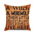 Orange Halloween pillow cover with A Witch A Werewolf & Their Little Monsters text - Orange Werewolf Little Monster Warning Style (23)