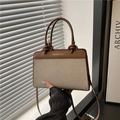 Elegante bolso de lona beige con asas de cuero marrón y correa de hombro ajustable - Marrón Patchwork