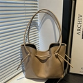 Chic light khaki glossy leather tote bag with drawstring detail and slim shoulder straps - Khaki
