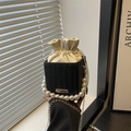 Chic black woven bucket bag with pearl handle and white drawstring inner lining - Black