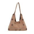 Minimalist khaki suede tote bag with floral laser-cut patterns and wide shoulder strap - Khaki