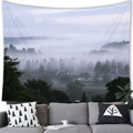 Modern landscape tapestry featuring misty forest and small town scene on grey fabric - 21