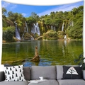 Nature landscape wall tapestry featuring lush green forest waterfall and lake - 12