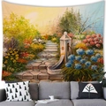 Countryside oil painting tapestry featuring a sunny garden path and blue hydrangeas - 150x130cm / Sunny Garden (5)