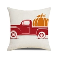 Square beige linen pillow cover with vintage red truck and pumpkin harvest design - One Size / Red Retro Pickup With Pumpkin Style (31)