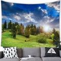 Countryside landscape wall tapestry with forest and blue sky over a gray sofa - 150x130cm / Blue Sky Forest (7)