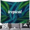 Tropical wall tapestry featuring palm and monstera leaves with white tropical text - Tropical Blue-Green Style (18) / 100X70