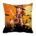 Halloween pillow cover featuring a watercolor cartoon witch flying on a broom over orange - Orange Yellow Purple Tone Flying Witch Style (ZT382) / 45x45cm / Cartoon Flying Witch and Old Castle