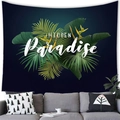 Tropical wall tapestry with green leaves and Hidden Paradise text over blue background - Hidden Paradise Style (17) / 100X70