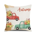 Linen autumn cushion cover with vintage truck, pumpkins and sunflower motifs - One Size / Red Green Truck Sunflowers Pumpkins Autumn Style (34)