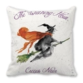 Detail of Halloween pillow case featuring a flying witch on white peach skin fabric - Witch Flight Purple Text (10)