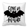 Detail of white Halloween pillowcase featuring black COME IN for A bite text and bat design - Come In For A Bite Bat (15)