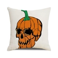 Detail view of cotton linen cushion cover with watercolor Halloween pumpkin skull print - Pumpkin Skull Illustration Style (2)
