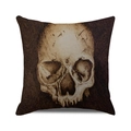 Macro detail of gothic skull watercolor print on rustic linen square pillow cover fabric - Dark Brown Vintage Skull Style (3)