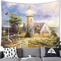 Countryside oil painting tapestry featuring a lighthouse and cottage at dusk - 150x130cm / Lighthouse Twilight (11)