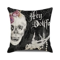 Detail of gothic square pillowcase featuring skull with flowers and Hey Dollface typography - 18x18 Inch / Gothic Lettering Pink Flower Skull Style (12)