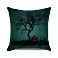 Funda de cojín Halloween con árbol negro, calabaza y murciélagos sobre fondo verde oscuro - 45x45 cm / Árbol Muerto Calabaza de Halloween (13)
