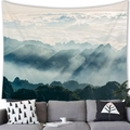 Nature wall tapestry featuring a misty mountain landscape and sunbeam forest scenery - 16