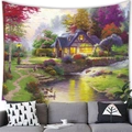 European oil painting style countryside tapestry with cottage and river for wall decor - 150x130cm / European Thatched Cottage Stream (22)