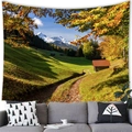 Nature wall tapestry featuring snow mountains and green hills over a grey sofa - 19
