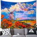 Impressionist landscape tapestry featuring a Dutch windmill and red poppy flowers - 150x130cm / Dutch Windmill Tulips (9)
