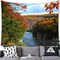 Modern living room wall decor featuring a large autumn forest canyon landscape tapestry - 20
