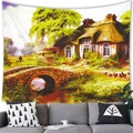 European country oil painting tapestry with cottage and bridge for wall decor - 150x130cm / Pastoral Stone Arch Bridge (23)