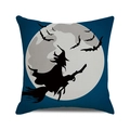 Funda de cojín cuadrada de Halloween con silueta de bruja negra sobre fondo azul - 45x45 cm / Bruja en Escoba (17)