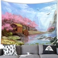 Countryside landscape tapestry featuring pink cherry blossom tree and cottage with waterwheel - 150x130cm / Cherry Blossom Cottage Stream (13)