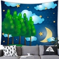 Cartoon moon and stars blue forest tapestry hanging above a grey sofa for wall decor - Black Floral / 150x100cm