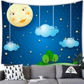 Blue starry night moon and stars wall tapestry hanging above a gray fabric sofa - Childlike Full Moon / 150x100cm